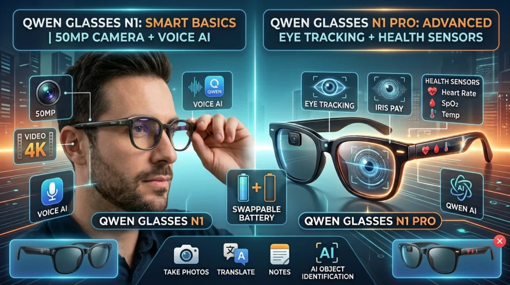 Man wearing Qwen Glasses N1 AI smart glasses comparing N1 and N1 Pro specs to help readers choose the right model.