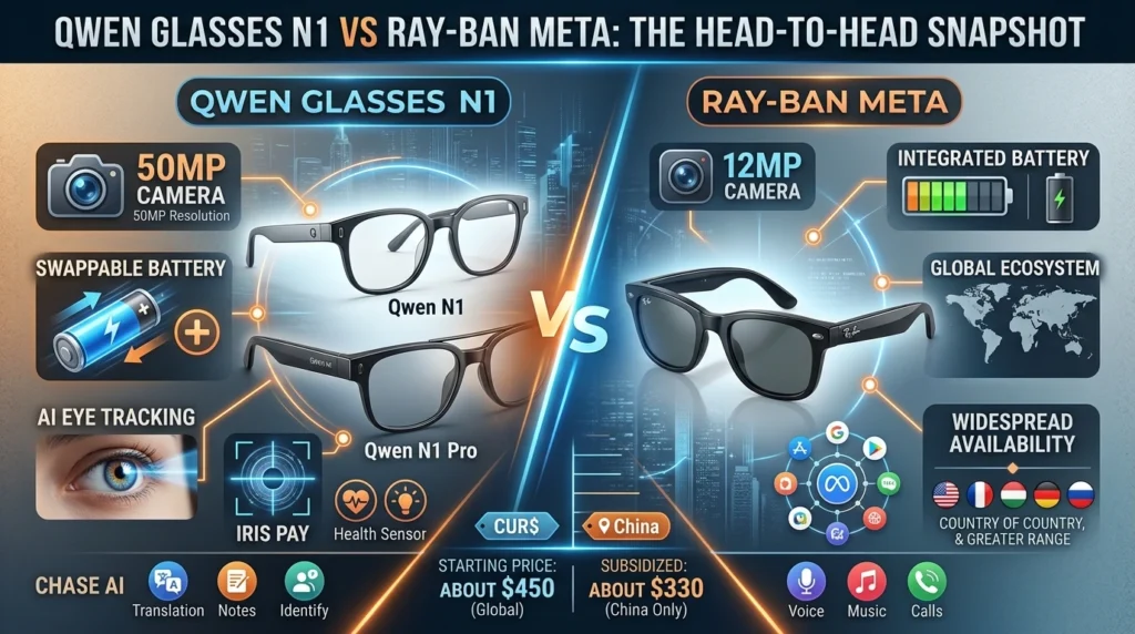 Comparison of Qwen Glasses N1 and Ray-Ban Meta specs to show key hardware and feature differences for buyers.