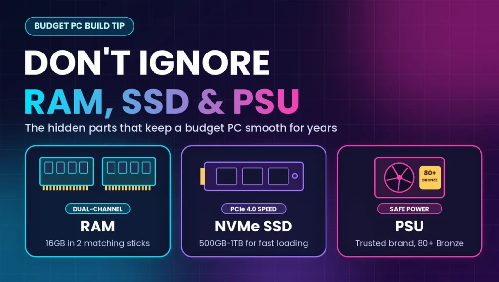 RAM, NVMe SSD and power supply essentials for a budget PC build