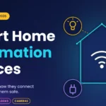 Smart home automation devices beginner’s guide showing a connected house with lights, sensors, lock, camera and smart plug
