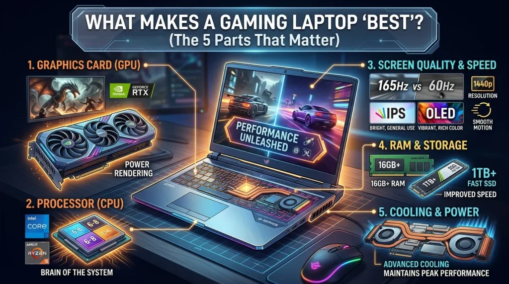 An infographic titled 'What makes a gaming laptop best' breaks down the 5 parts that matter: GPU, CPU, screen, RAM, and cooling. This details how a smart buyer identifies high performance.