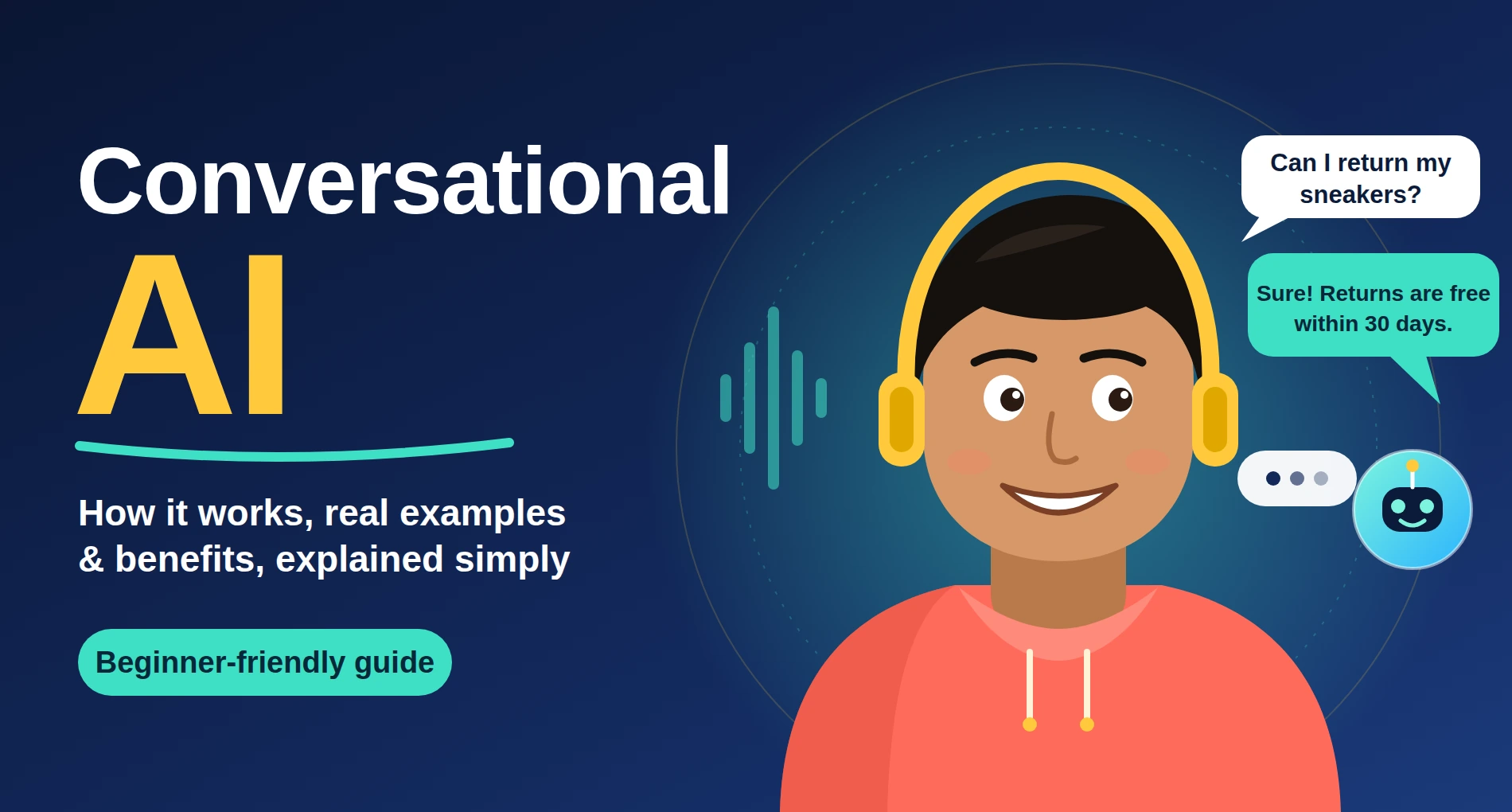 Boy in headphones chatting with a friendly robot assistant, showing how conversational AI works