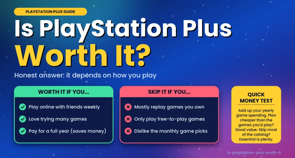 Is PlayStation Plus worth it? Worth it if you play online with friends weekly, skip it if you only play free-to-play games