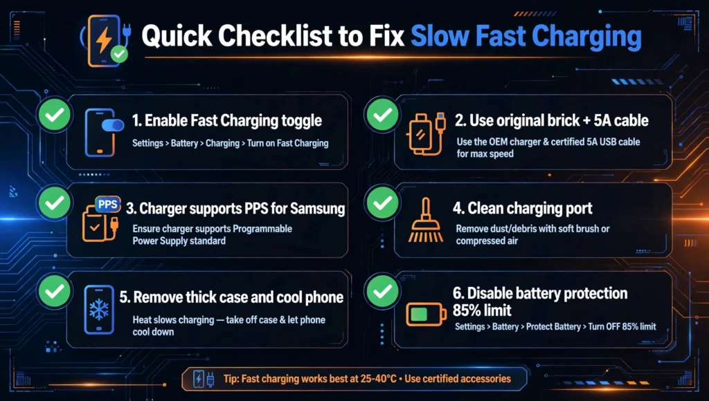 quick checklist to fix phone charging slowly with fast charger