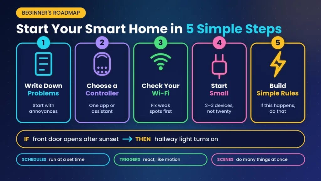Five-step beginner plan for smart home automation devices: list problems, choose a controller, check Wi-Fi, start small and build simple rules