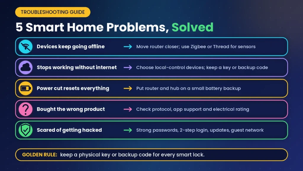 Five common smart home automation device problems and fixes: offline devices, internet outage, power cut, wrong product and hacking worries