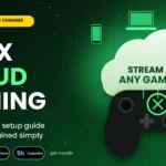 Xbox cloud gaming graphic showing a controller streaming games through a cloud to a phone, laptop, and TV, with monthly Game Pass hour limits of 15, 10, and 5 hours.