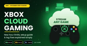 Xbox cloud gaming graphic showing a controller streaming games through a cloud to a phone, laptop, and TV, with monthly Game Pass hour limits of 15, 10, and 5 hours.